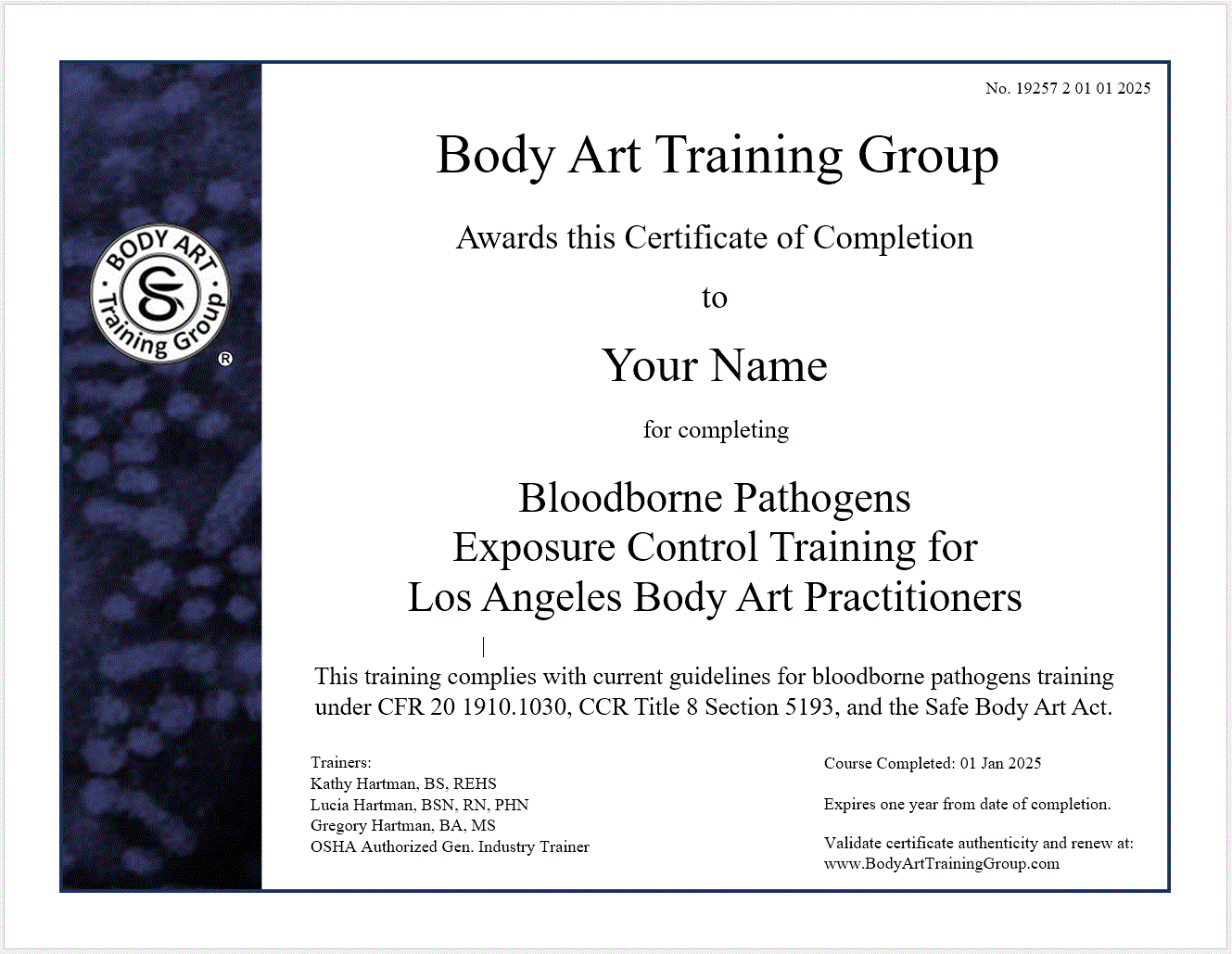 Los Angeles Bloodborne Pathogens Certificate from Body Art Training Group