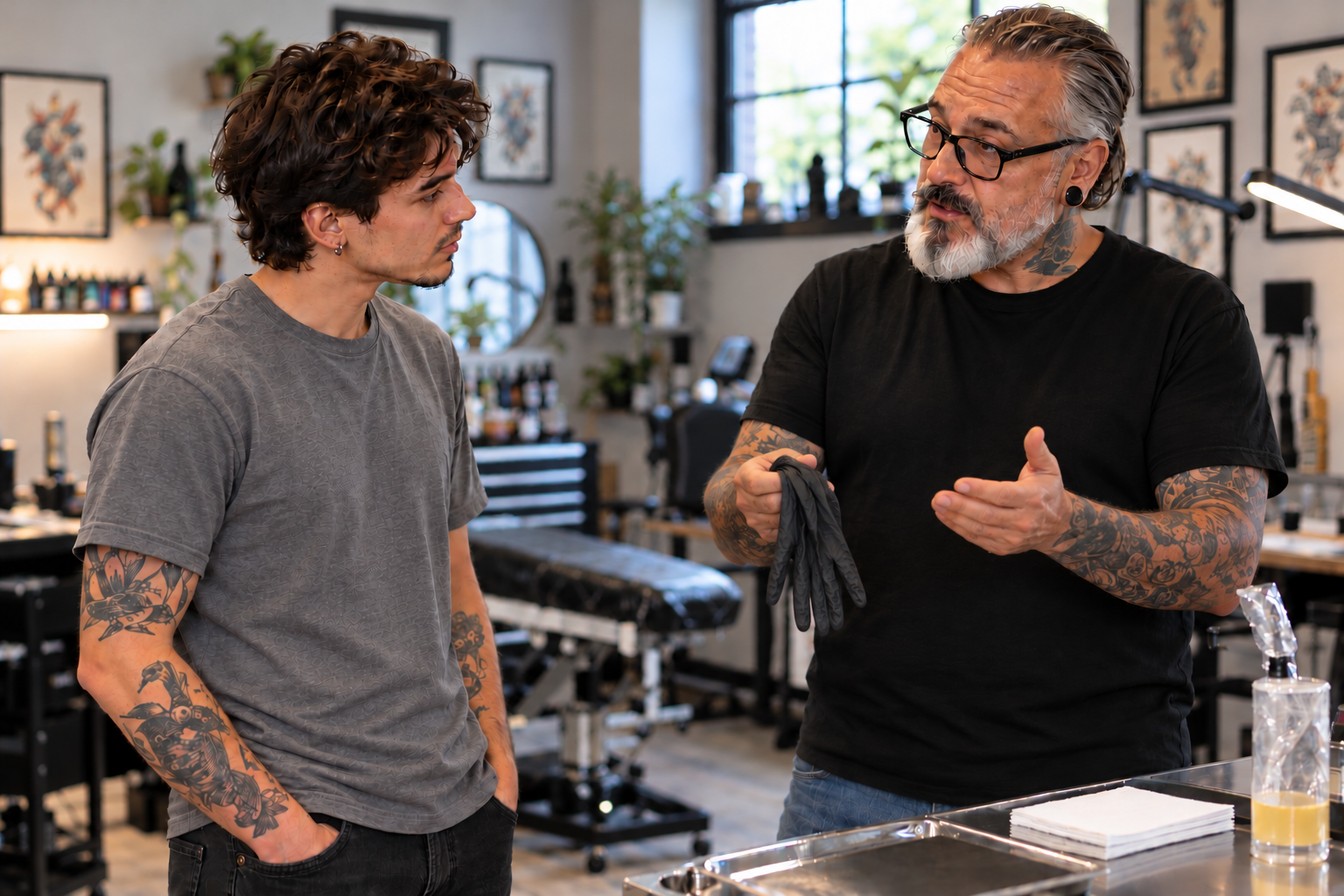Experienced tattoo artist holding gloves while explaining safety practices to an apprentice
