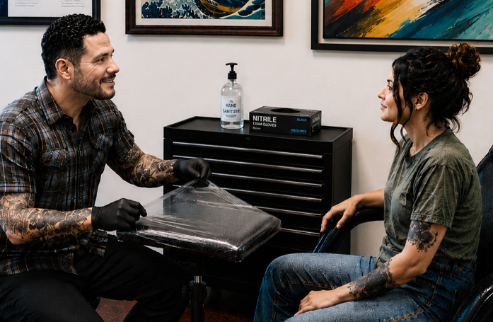 Tattoo artist explaining safety procedures to a client before a tattoo session.