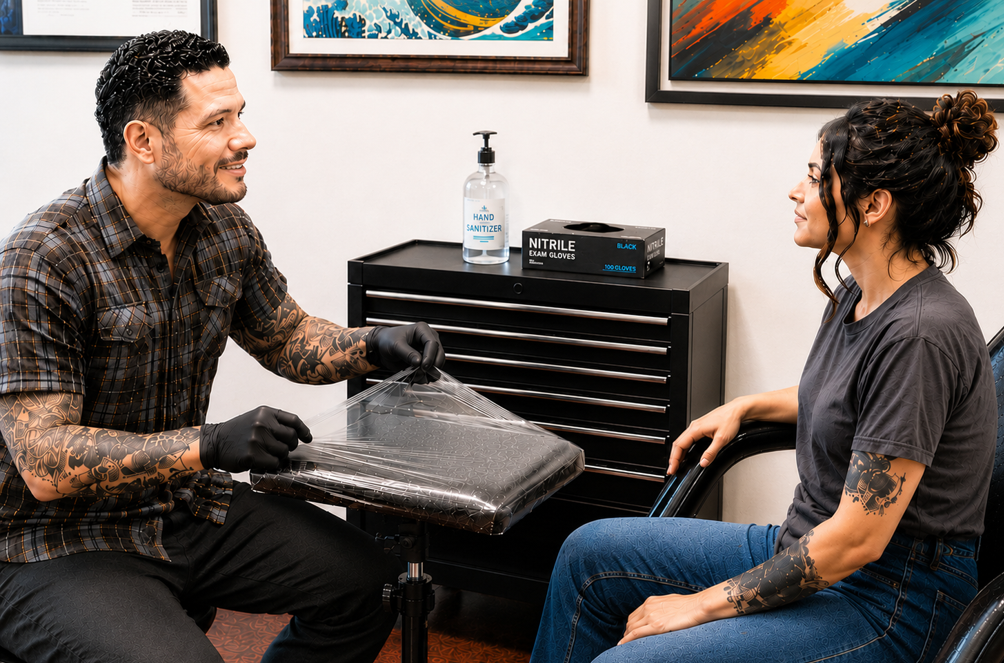 Tattoo artist explaining safety procedures to a client before a tattoo session.