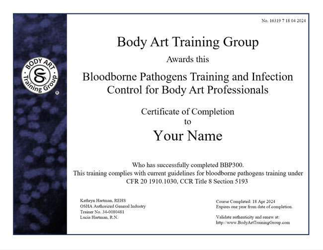 OSHA bloodborne pathogens training certificate by Body Art Training Group for tattoo artists, permanent makeup and body piercing