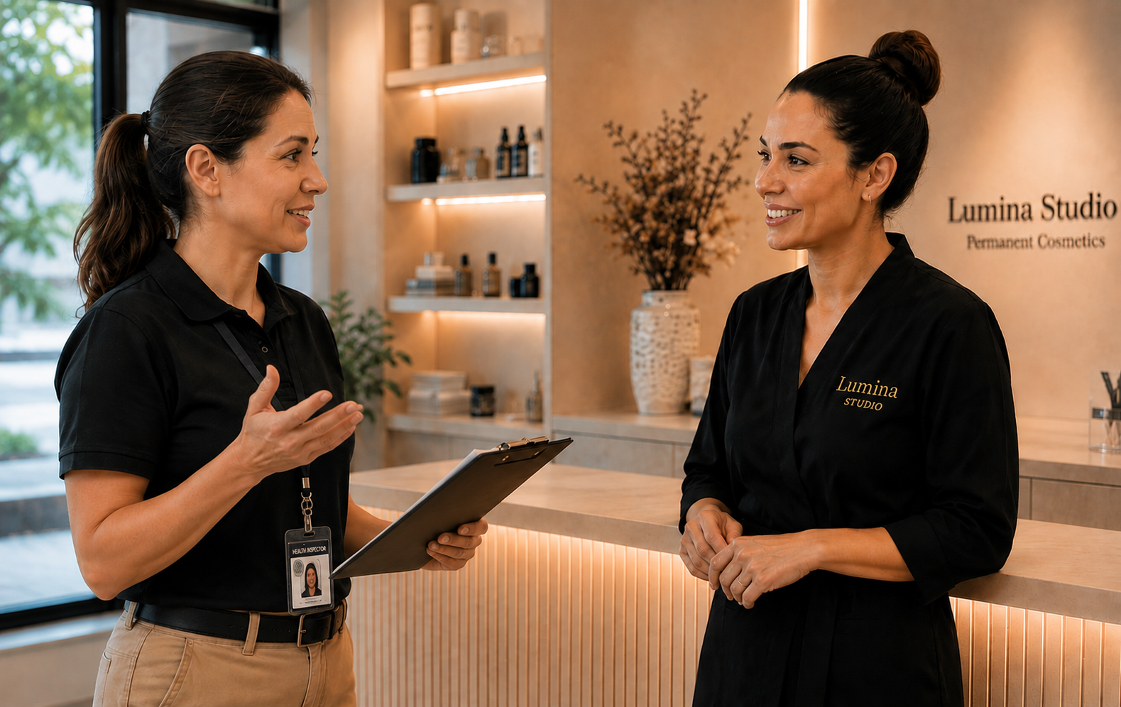 Health inspector talking with the owner of a permanent cosmetics studio