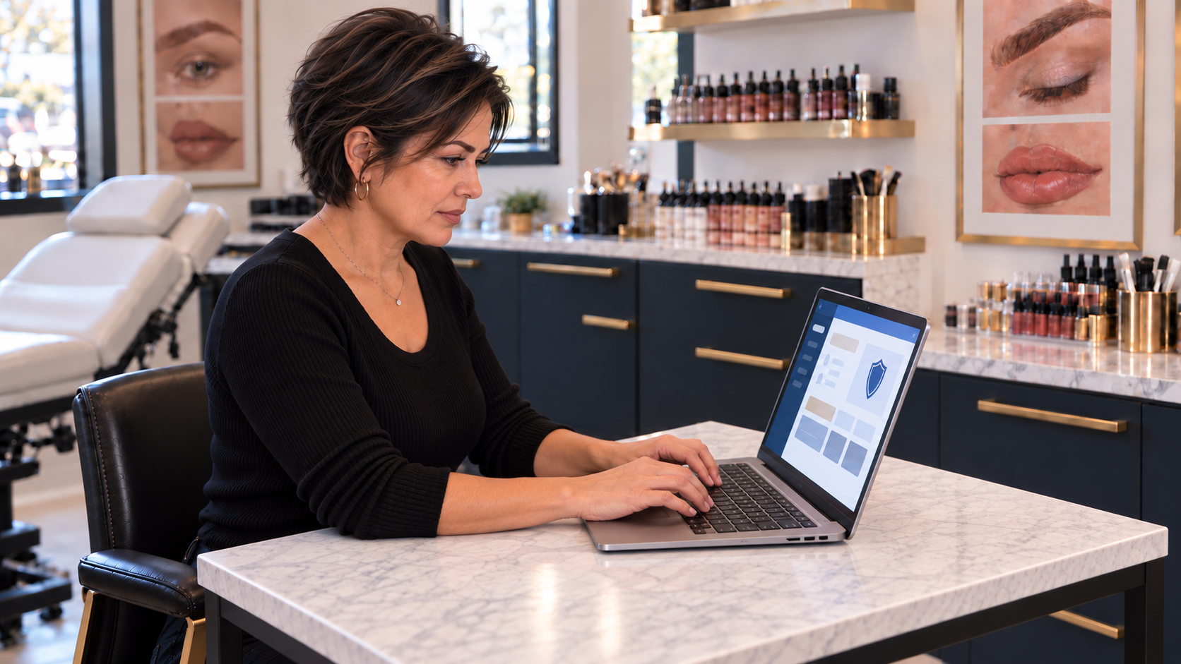 Permanent makeup artist completing online OSHA-compliant bloodborne pathogens training in a clean, professional PMU studio.