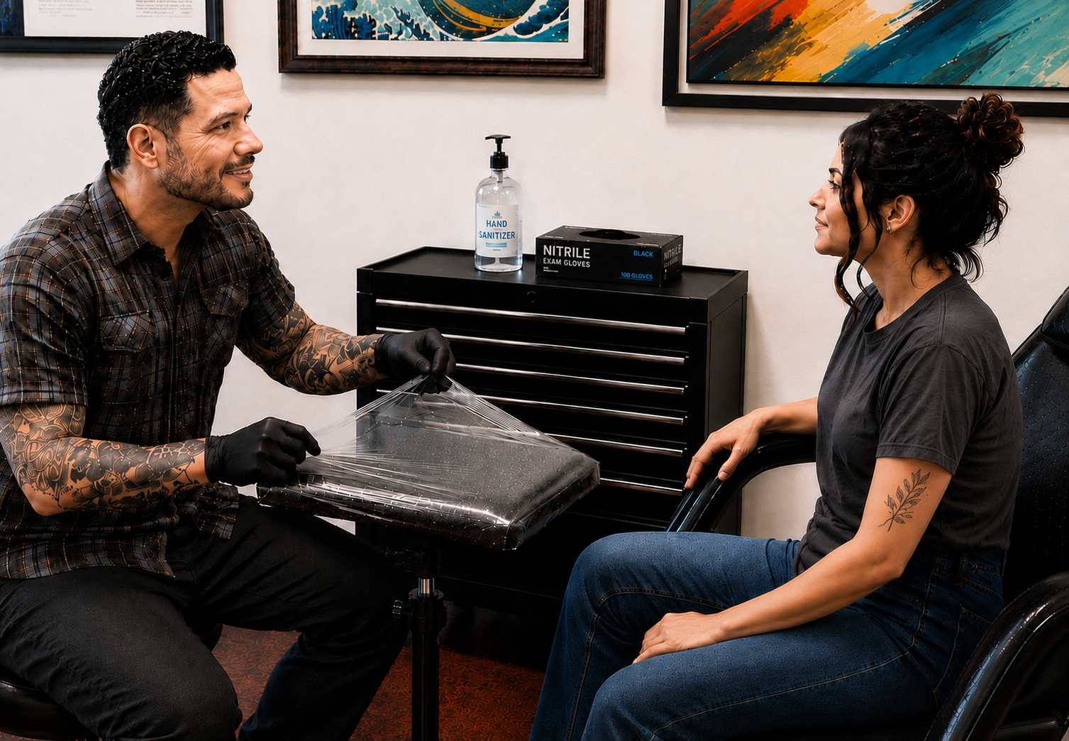 Tattoo artist explaining safety procedures to a client before a tattoo session.