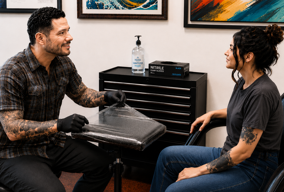 Tattoo artist explaining safety procedures to a client before a tattoo session.