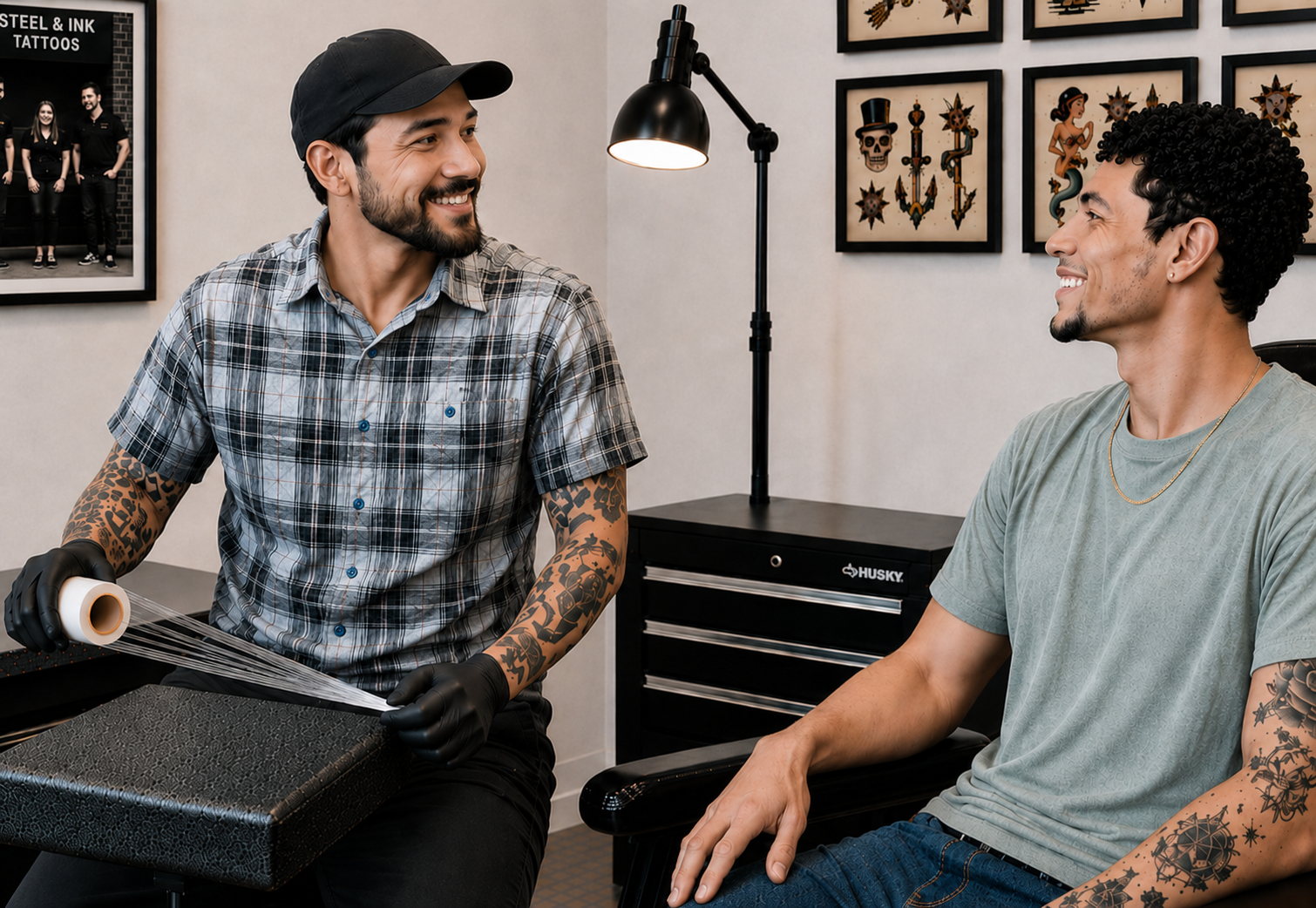 Tattoo artist setting up his station and talking to his client before beginning a safety-focused tattoo session.