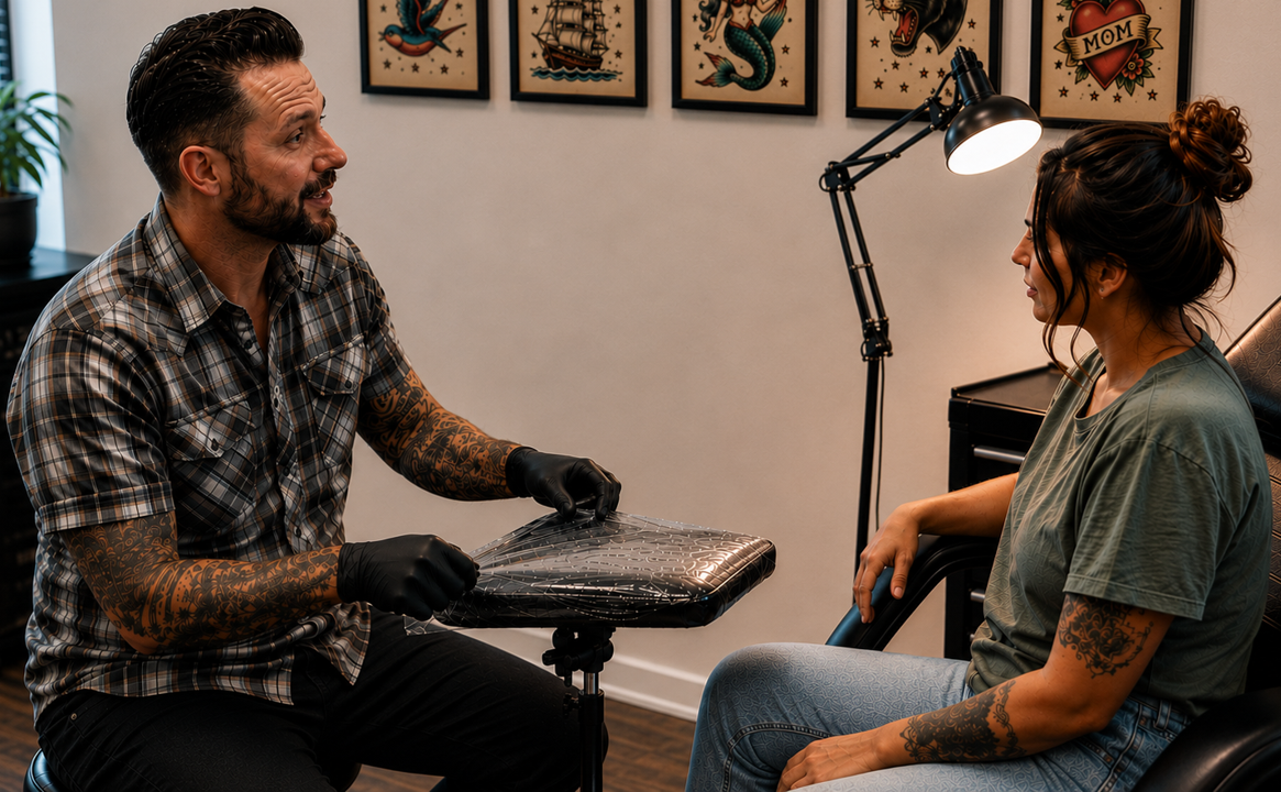 Tattoo artist explaining safety procedures to a client before a tattoo session.